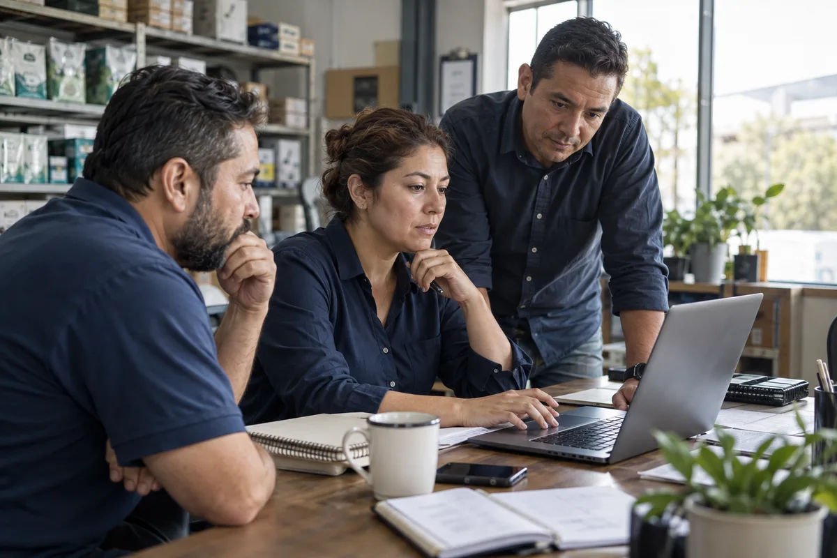 Escena ilustrativa de una gerente y su equipo revisando juntos una operación comercial.